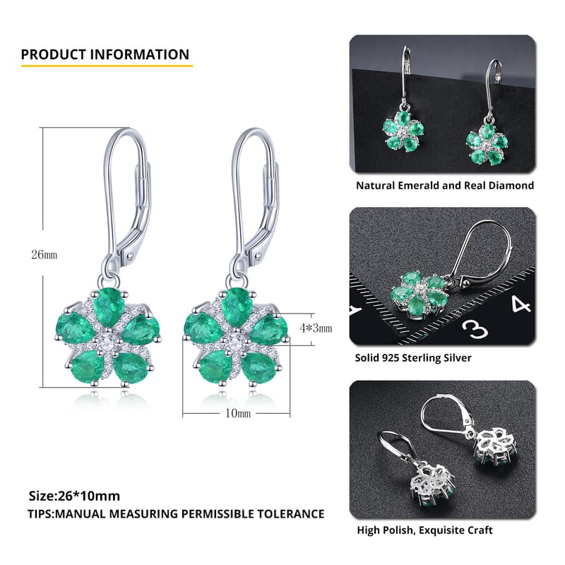 AAA Kagem Zambian Emerald and White Zircon 1.57 ctw Earrings in Rhodium Over Sterling Silver