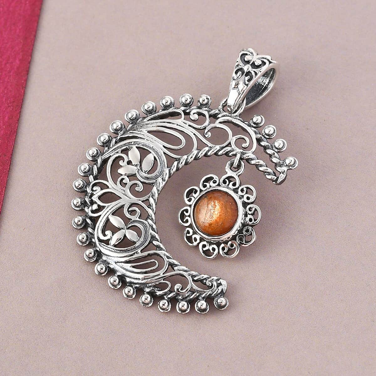 Madras Sunstone Celestial Pendant in Sterling Silver 1.35 ctw image number 2