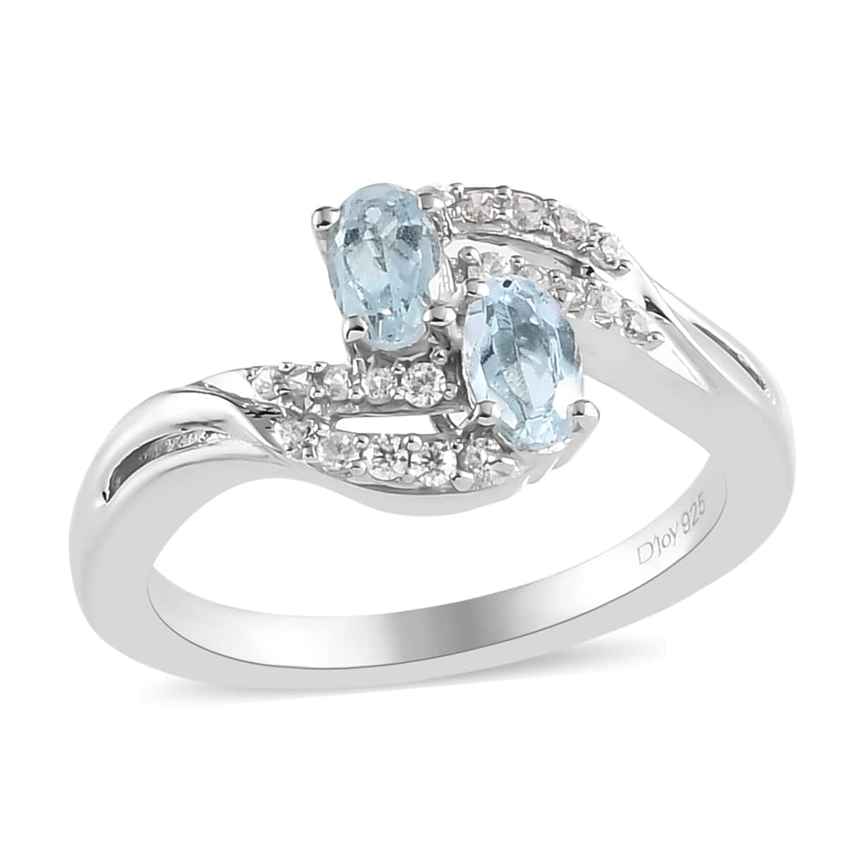 Mangoro Aquamarine, White Zircon Bypass Ring in Platinum Over Sterling Silver (Size 10.0) 0.65 ctw image number 0