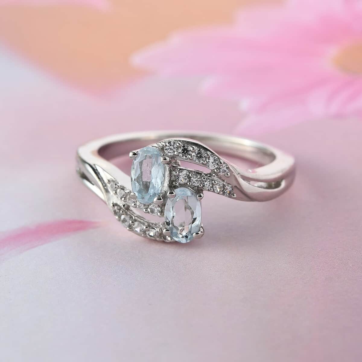 Mangoro Aquamarine, White Zircon Bypass Ring in Platinum Over Sterling Silver (Size 10.0) 0.65 ctw image number 1