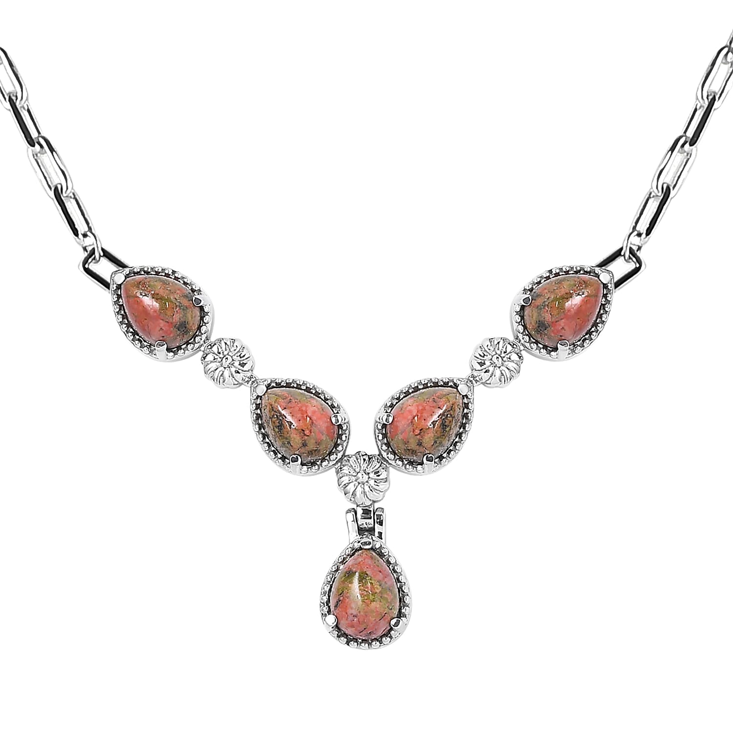 Unakite 5.75 ctw Necklace in Silvertone and Stainless Steel 18 Inches