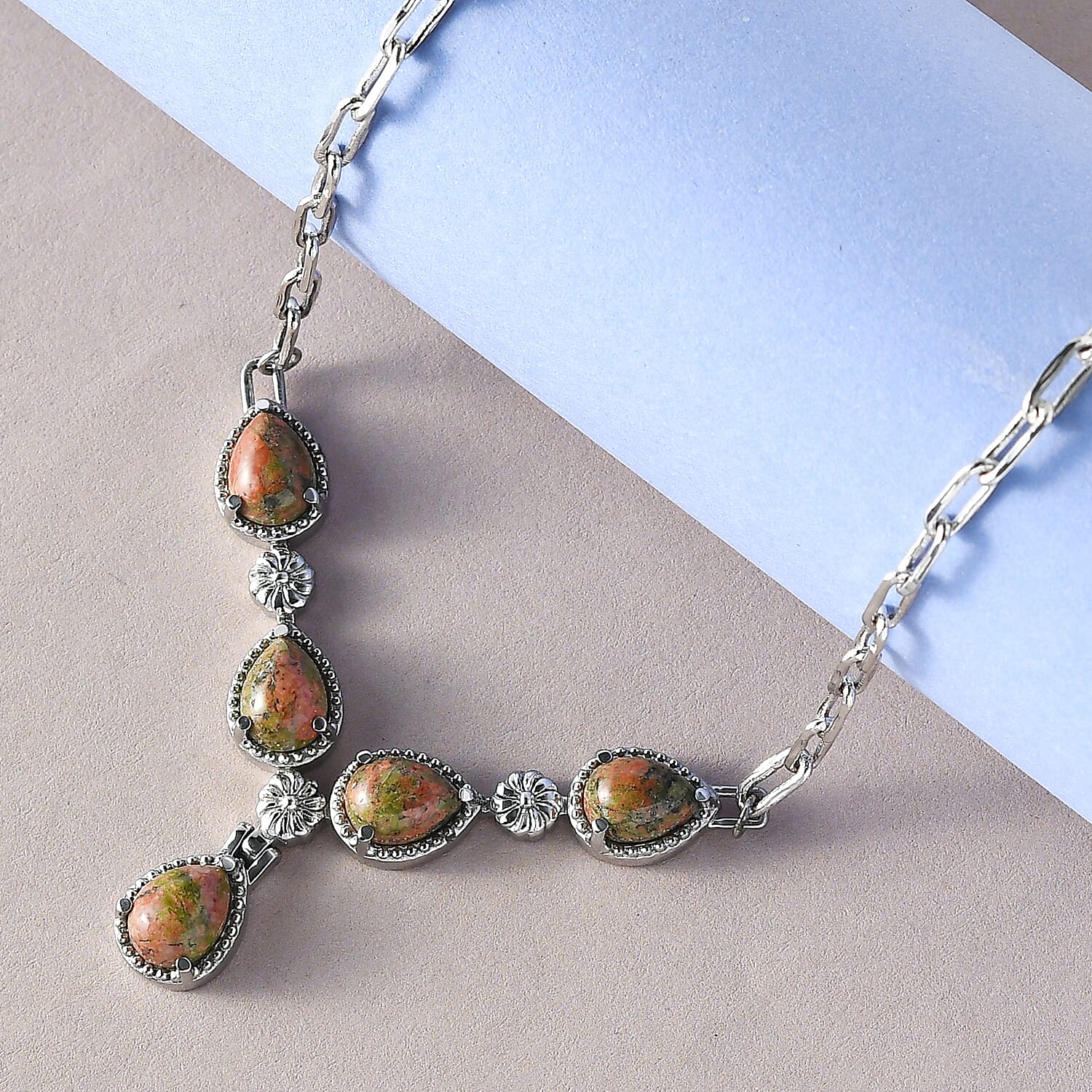 Unakite 5.75 ctw Necklace in Silvertone and Stainless Steel 18 Inches
