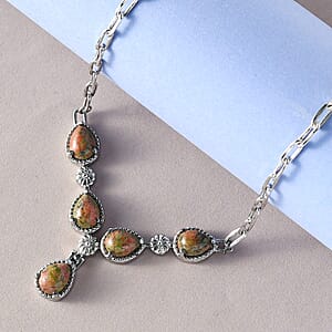 Unakite 5.75 ctw Necklace in Silvertone and Stainless Steel 18 Inches 