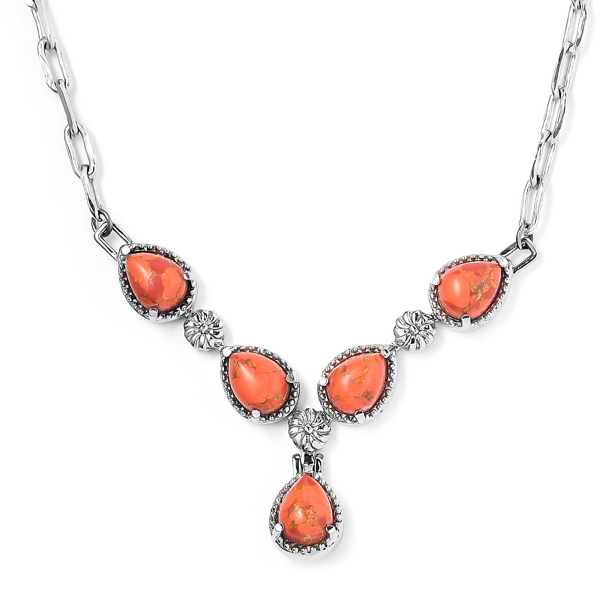 Mojave Orange Turquoise 5.85 ctw Necklace in Silvertone and Stainless Steel 18 Inches