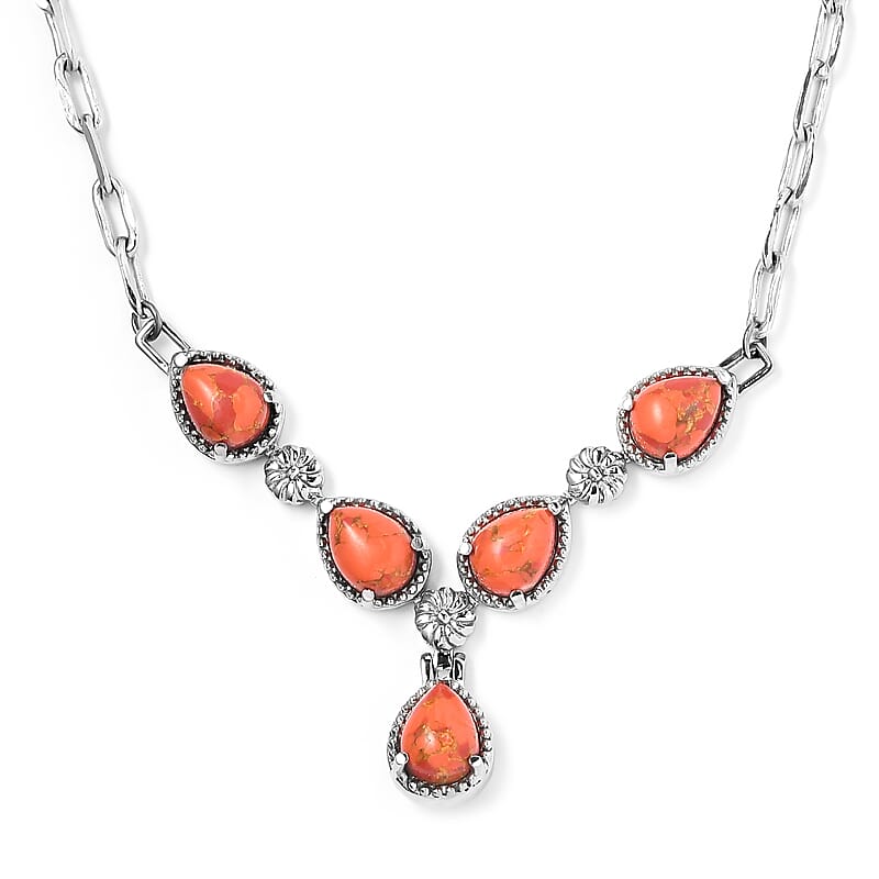 Mojave Orange Turquoise 5.85 ctw Necklace in Silvertone and Stainless Steel 18 Inches