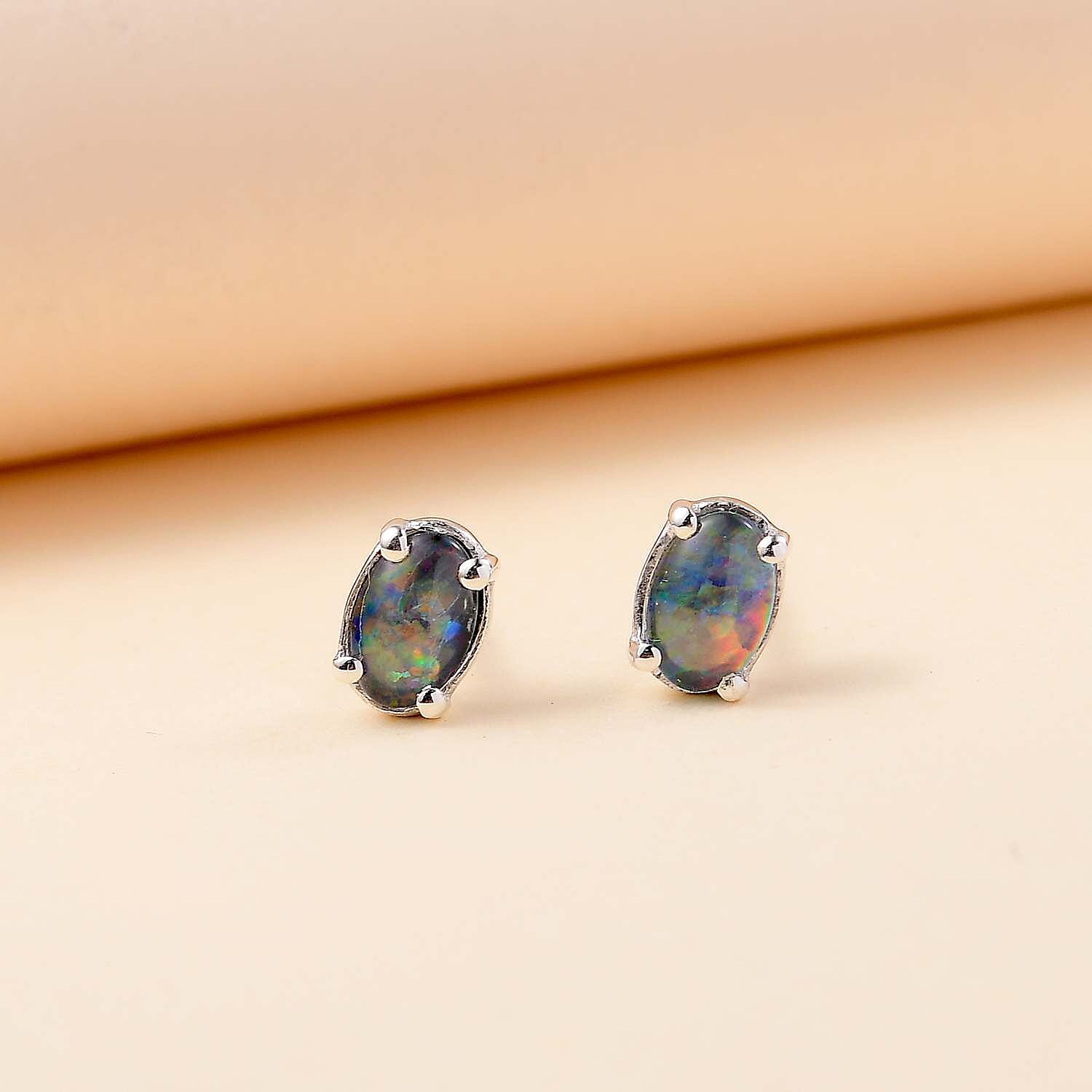 Boulder Opal Triplet 0.80 ctw Solitaire Stud Earrings in Platinum Over Sterling Silver