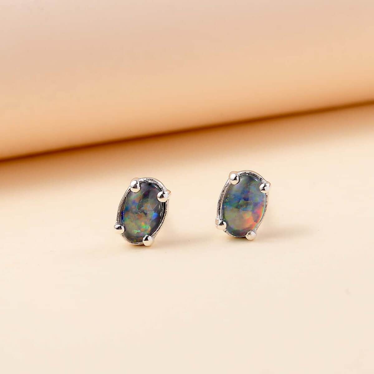 Boulder Opal Triplet 0.80 ctw Solitaire Stud Earrings in Platinum Over Sterling Silver image number 1