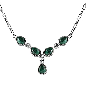 African Malachite 10.20 ctw Necklace in Silvertone and Stainless Steel 18 Inches 