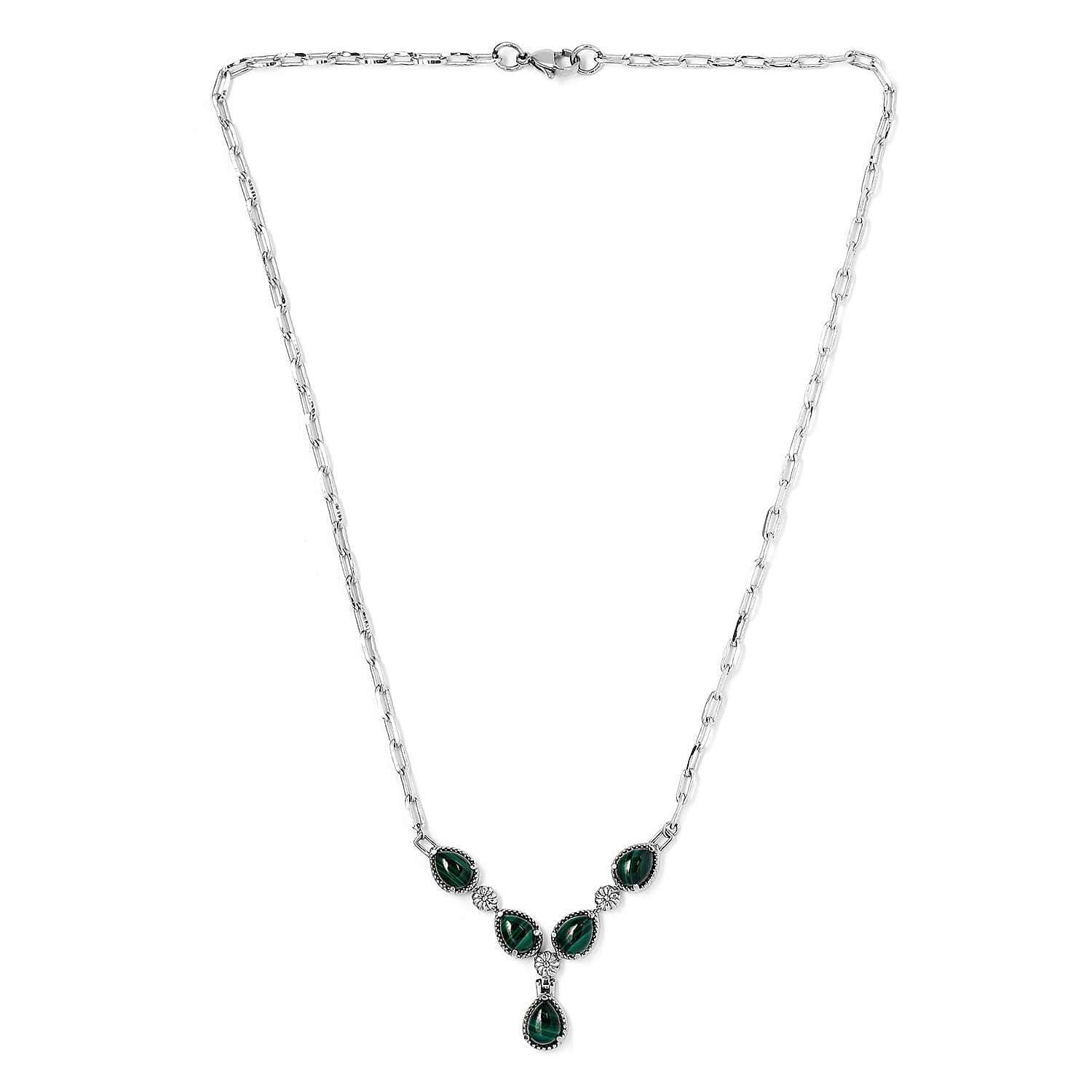 African Malachite 10.20 ctw Necklace in Silvertone and Stainless Steel 18 Inches 