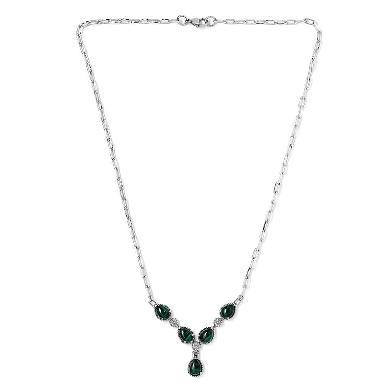 African Malachite 10.20 ctw Necklace in Silvertone and Stainless Steel 18 Inches 