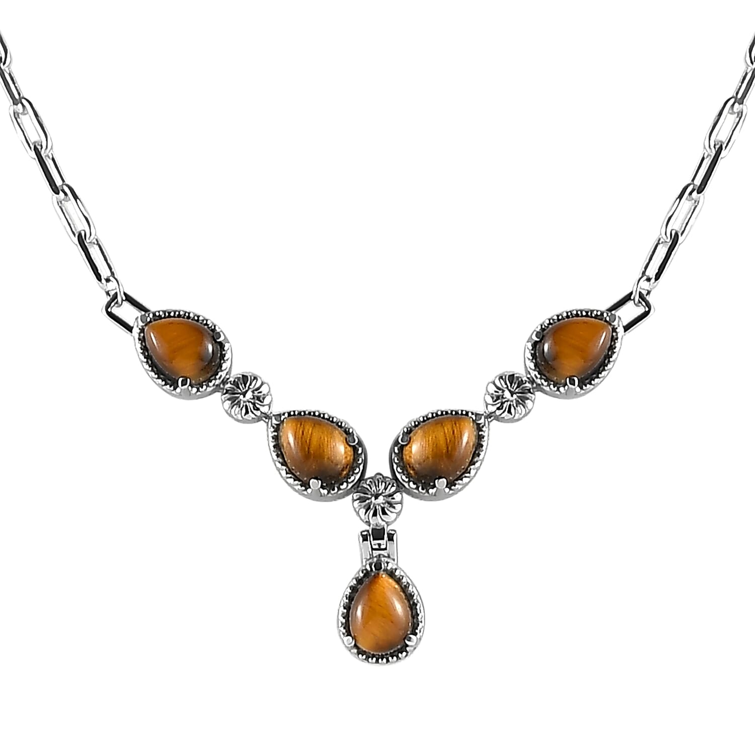 Tiger's Eye 7.80 ctw Necklace in Silvertone and Stainless Steel 18 Inches 