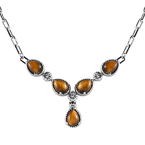 Tiger's Eye 7.80 ctw Necklace in Silvertone and Stainless Steel 18 Inches 
