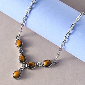 Tiger's Eye 7.80 ctw Necklace in Silvertone and Stainless Steel 18 Inches 