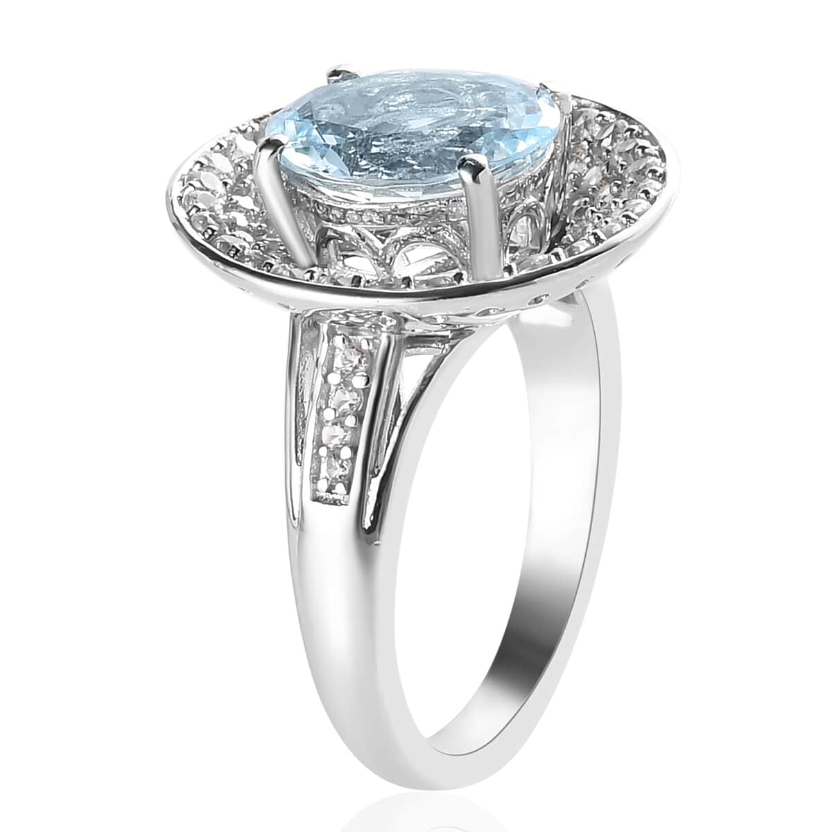 Espirito Santo Aquamarine and Natural White Zircon Cocktail Ring in Platinum Over Sterling Silver (Size 7.0) 3.65 ctw image number 3