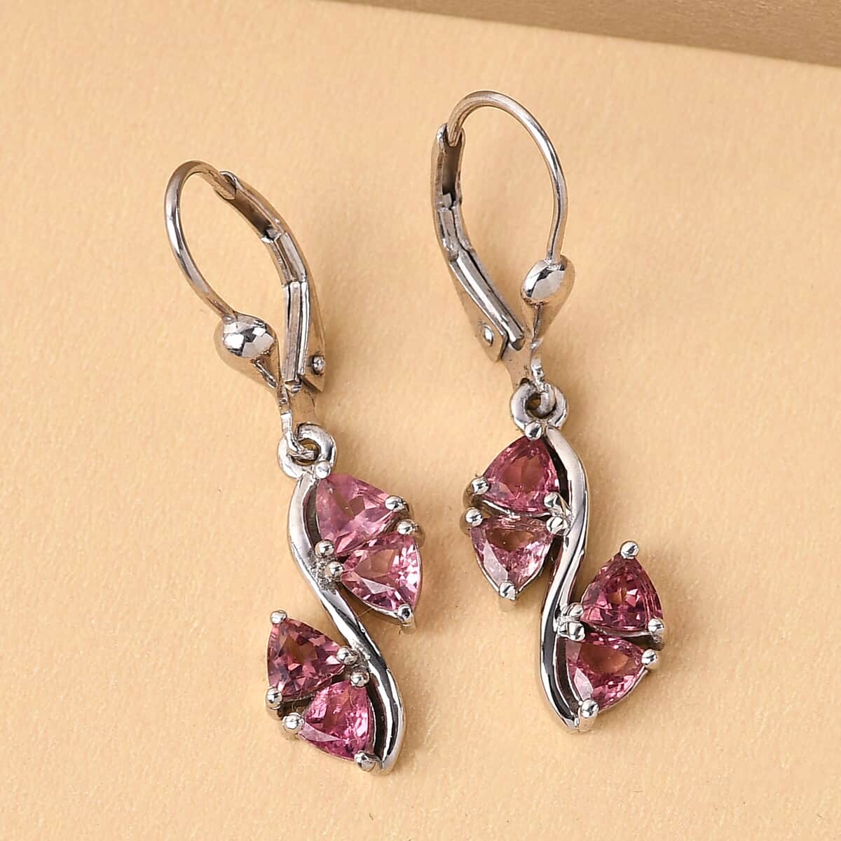 Morro Redondo Pink Tourmaline Dangling Earrings in Platinum Over Sterling Silver 1.85 ctw image number 3