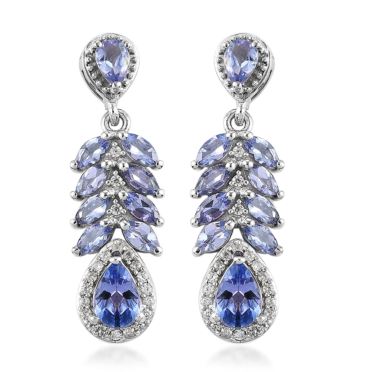Tanzanite and White Zircon Dangling Earrings in Platinum Over Sterling Silver 2.90 ctw