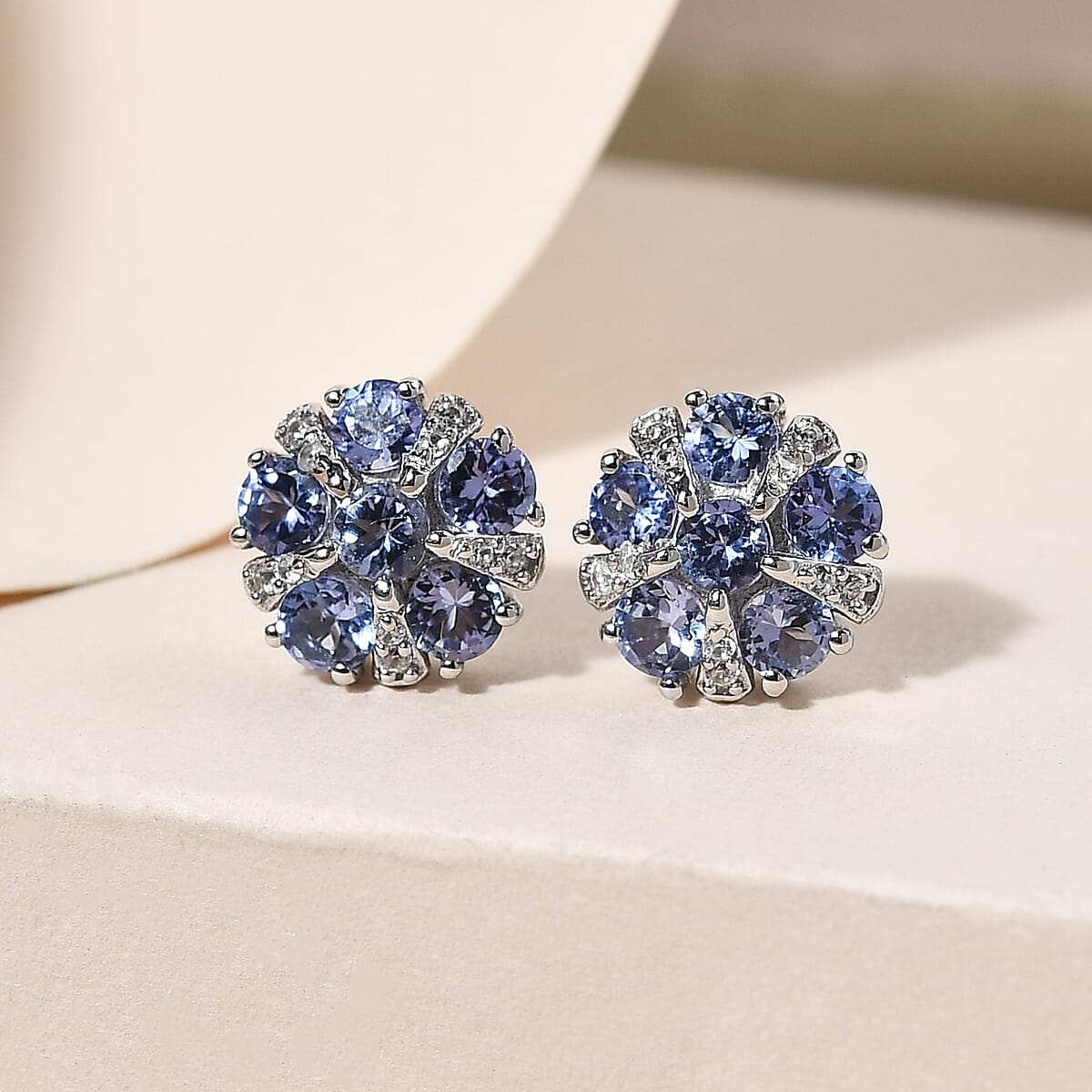Tanzanite and Natural White Zircon Flower Stud Earrings in Platinum Over Sterling Silver 1.25 ctw image number 1