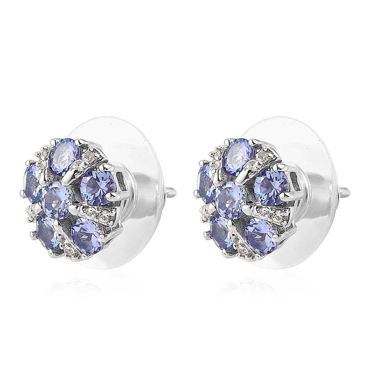 Tanzanite and Natural White Zircon Flower Stud Earrings in Platinum Over Sterling Silver 1.25 ctw image number 3
