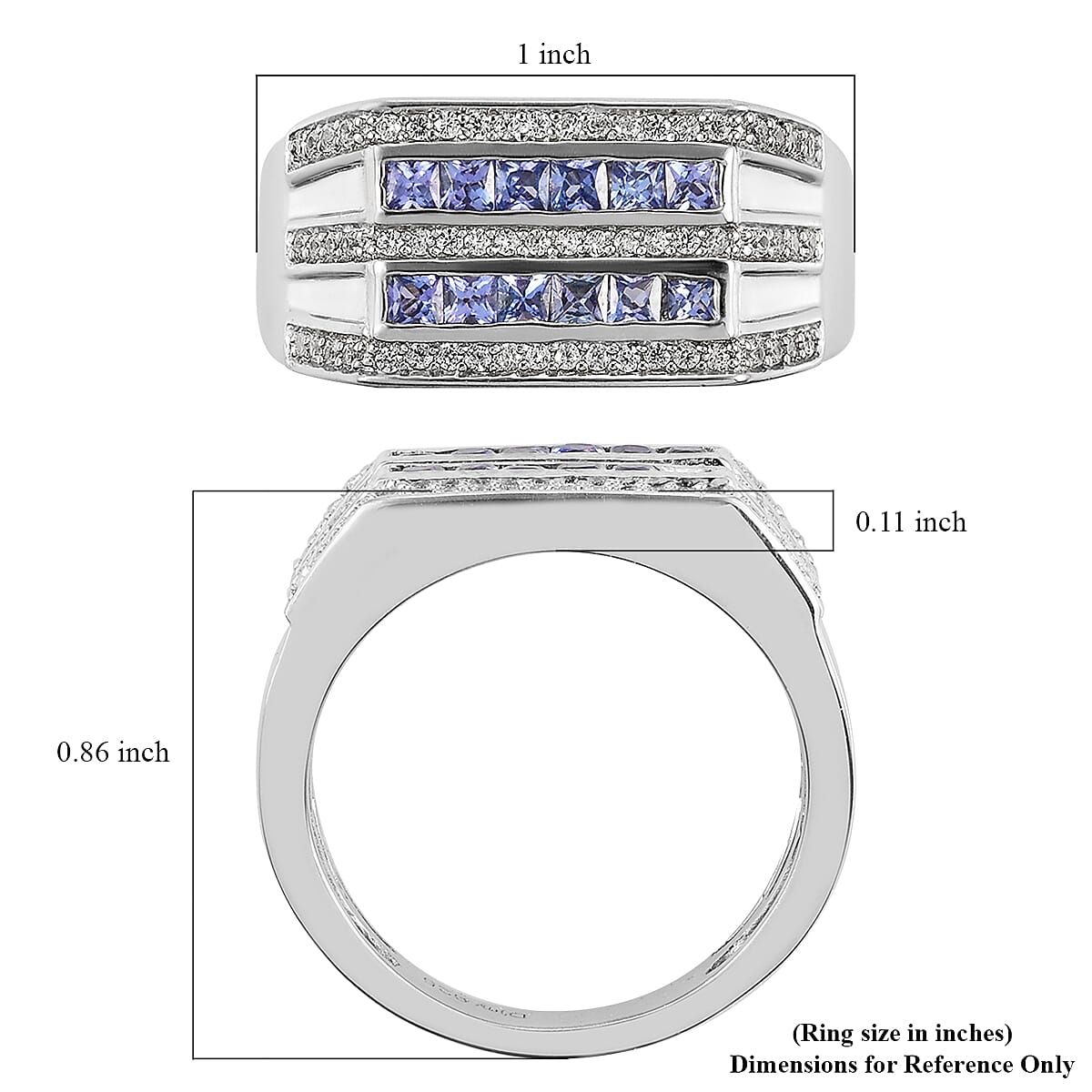 Tanzanite and White Zircon Men's Ring in Platinum Over Sterling Silver (Size 12.0) 1.10 ctw