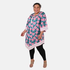 Tamsy Teal with Pink Flower Handkerchief Kaftan - One Size Fits Most