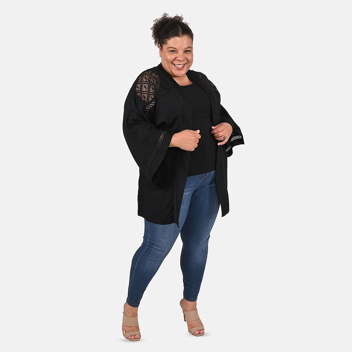 Tamsy Black Kimono with Lace Trim -One Size Fits Most image number 0