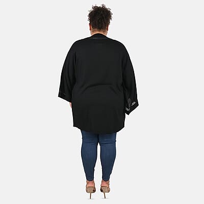 Tamsy Black Kimono with Lace Trim -One Size Fits Most