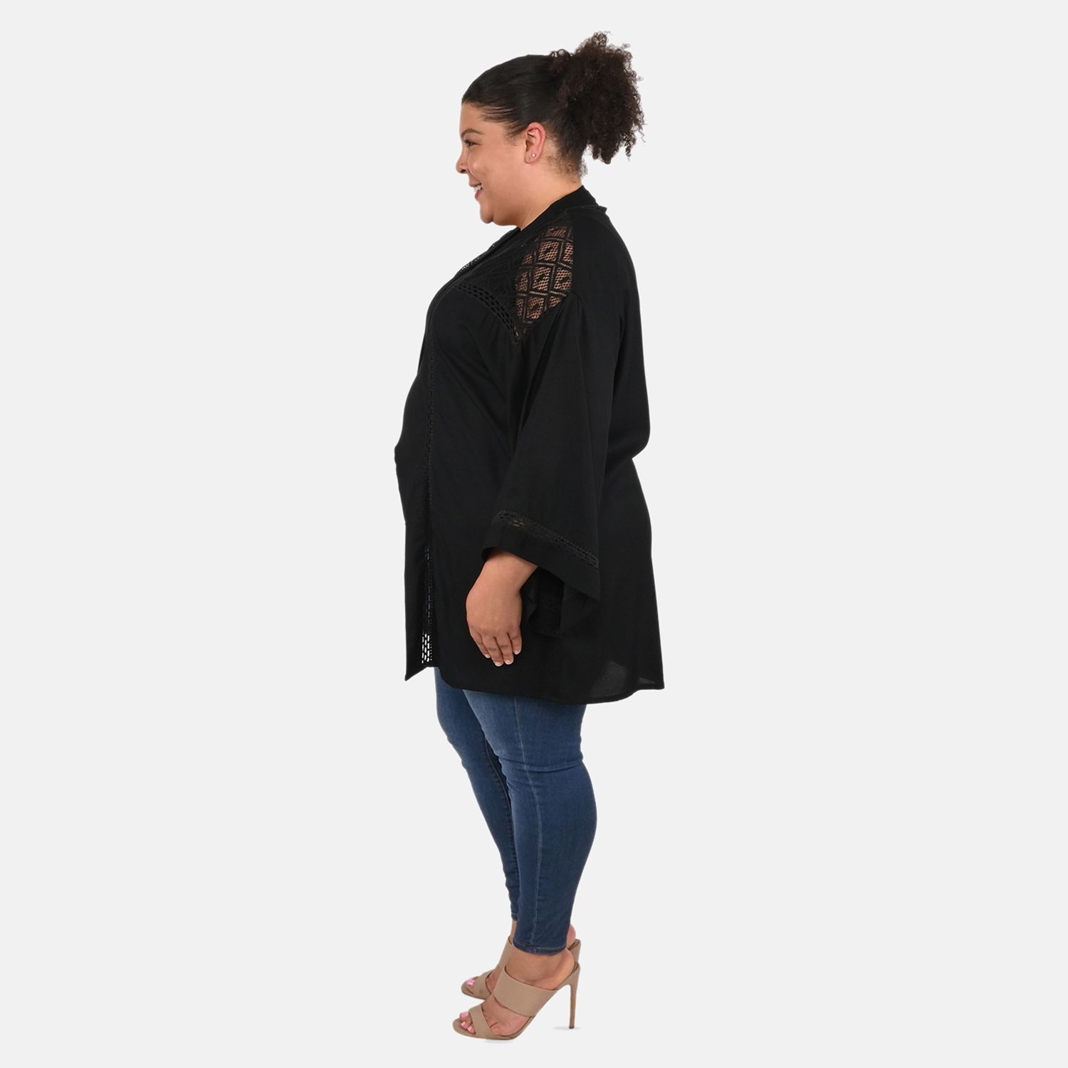 Tamsy Black Kimono with Lace Trim -One Size Fits Most