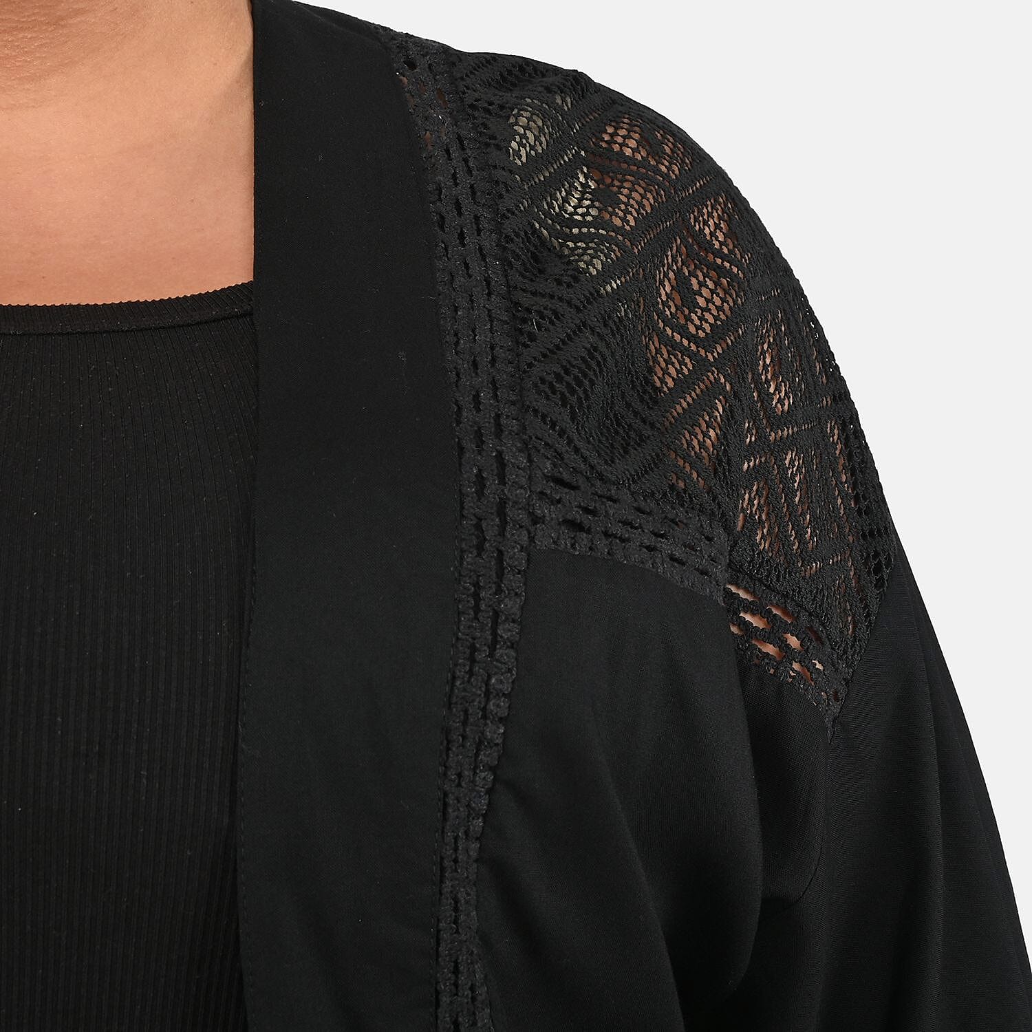 Tamsy Black Kimono with Lace Trim -One Size Fits Most