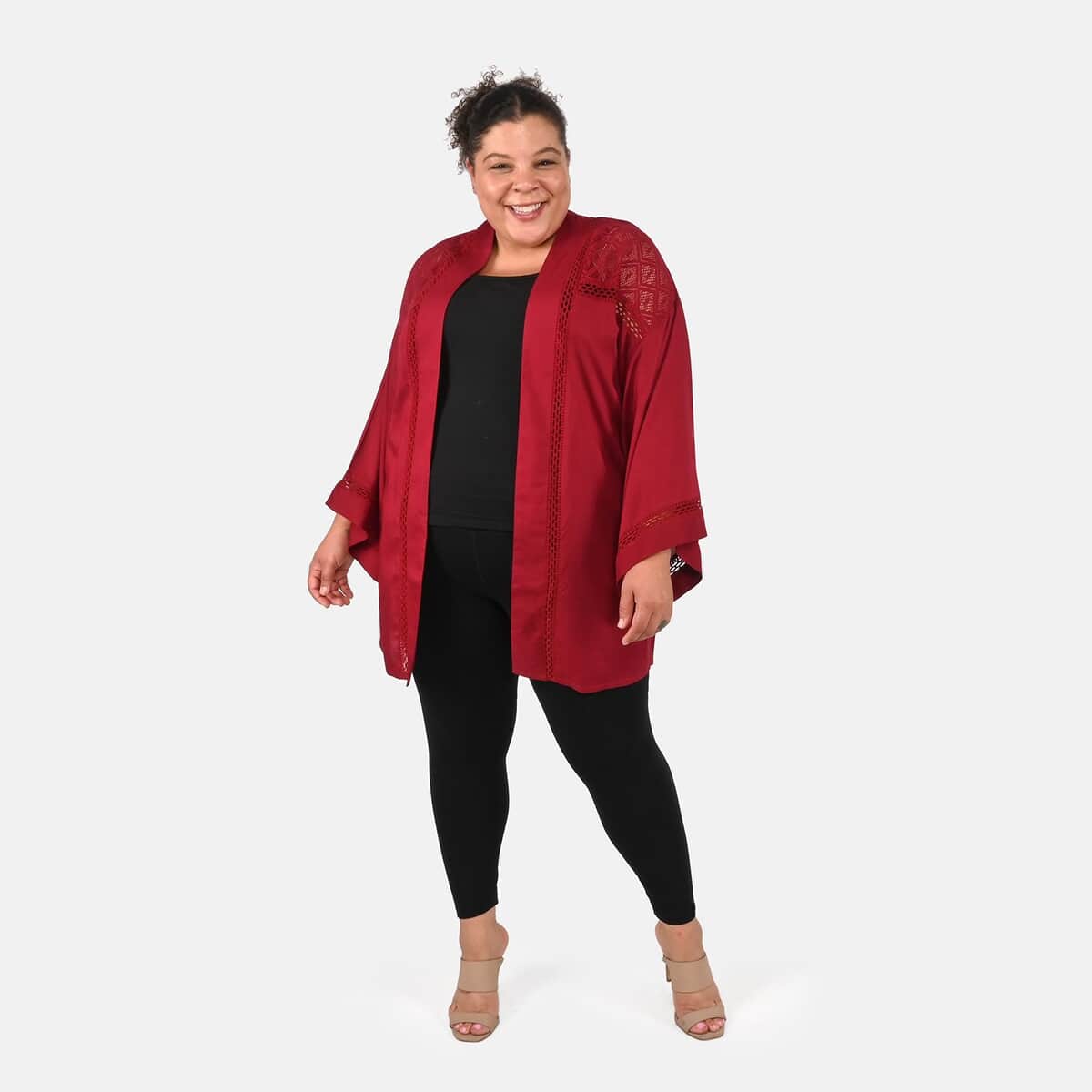 Tamsy Maroon Kimono with Lace Trim -One Size Fits Most image number 0