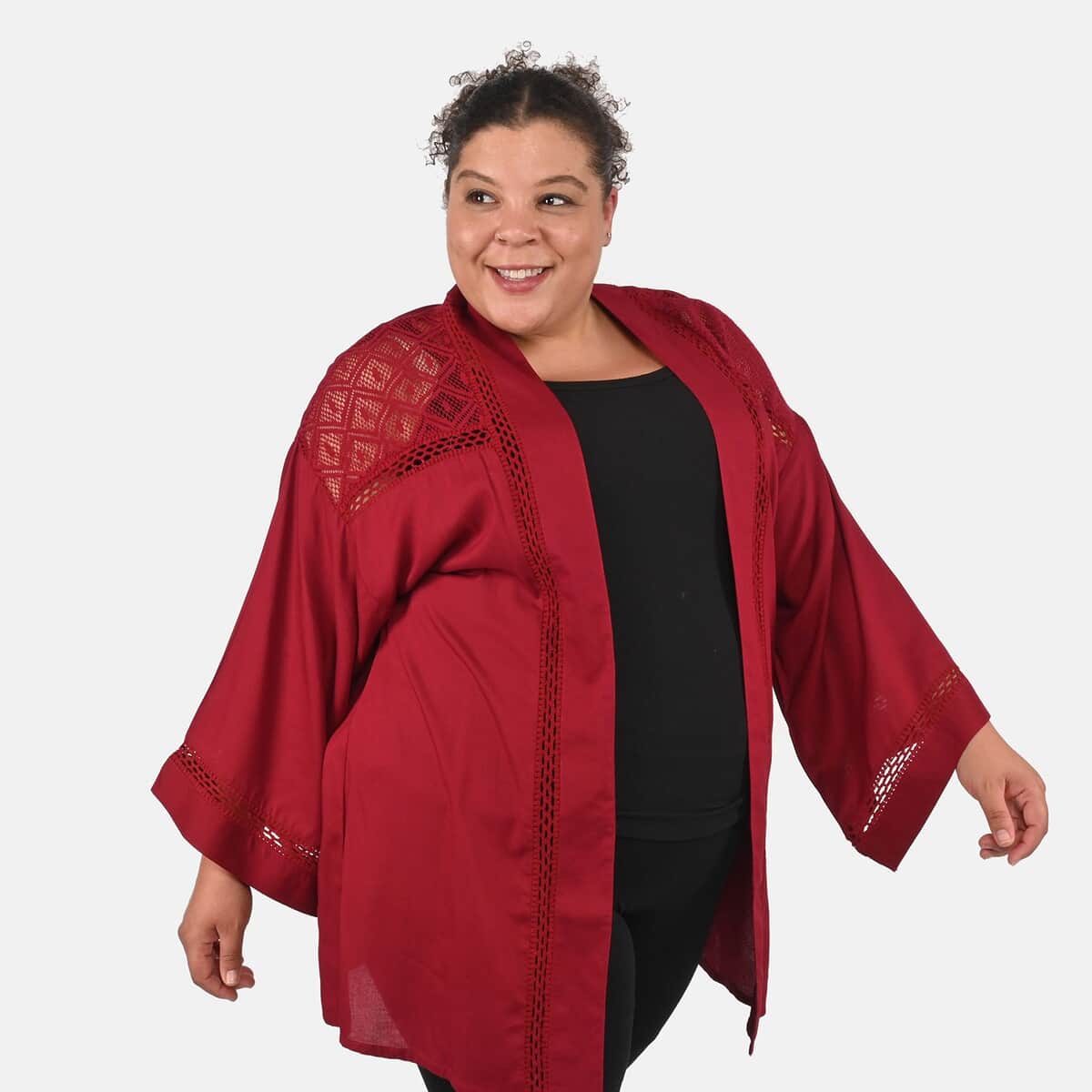 Tamsy Maroon Kimono with Lace Trim -One Size Fits Most image number 3