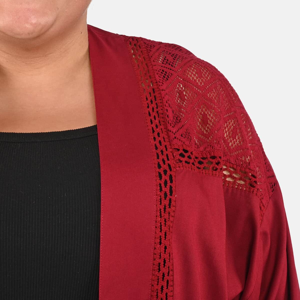 Tamsy Maroon Kimono with Lace Trim -One Size Fits Most image number 4