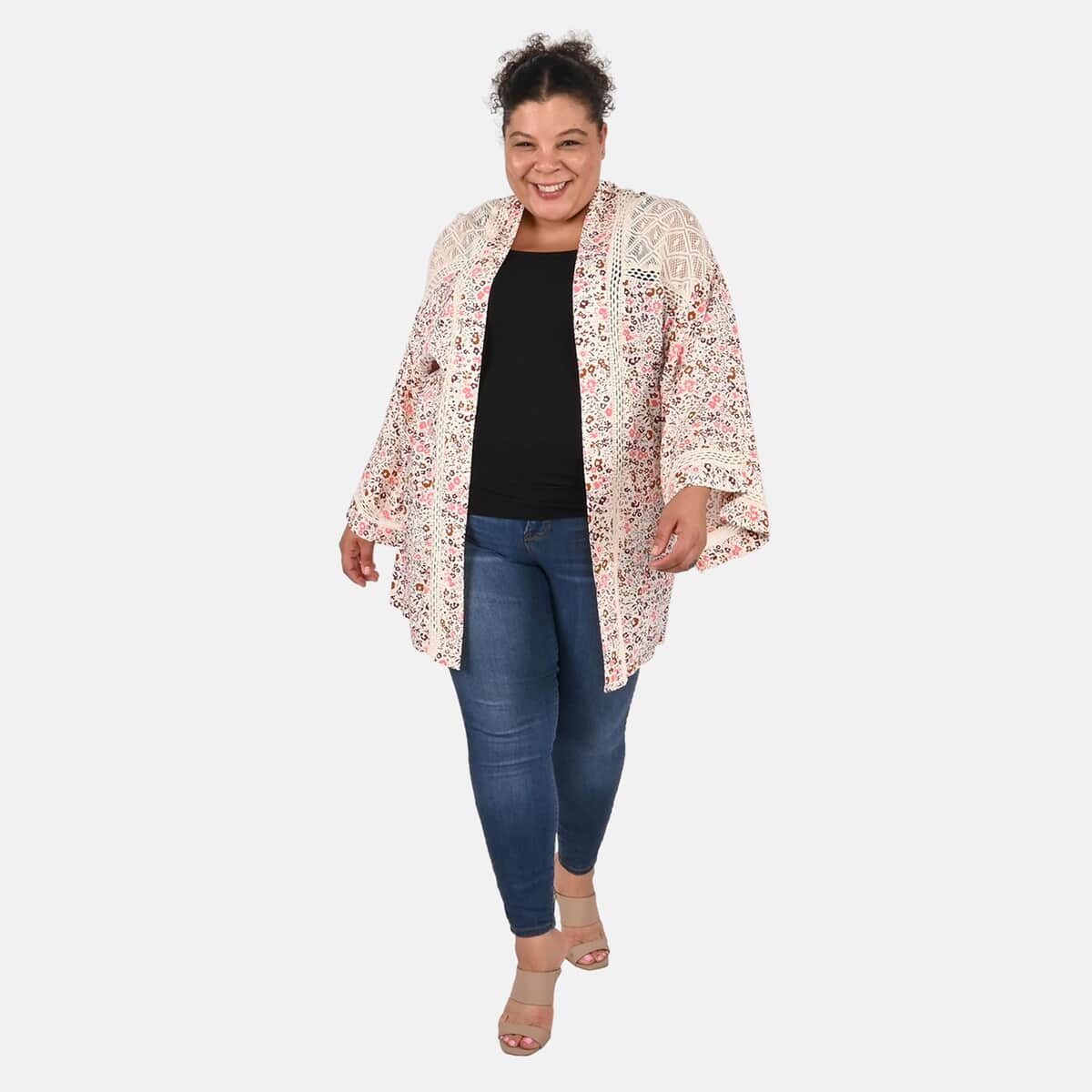 Tamsy Pink Floral Kimono with Lace Trim -One Size Fits Most image number 0