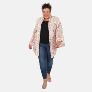 Tamsy Pink Floral Kimono with Lace Trim -One Size Fits Most
