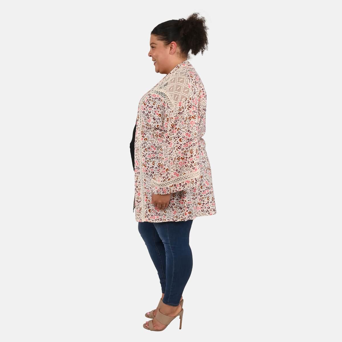 Tamsy Pink Floral Kimono with Lace Trim -One Size Fits Most image number 2