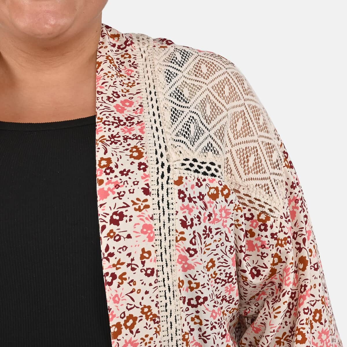 Tamsy Pink Floral Kimono with Lace Trim -One Size Fits Most image number 4