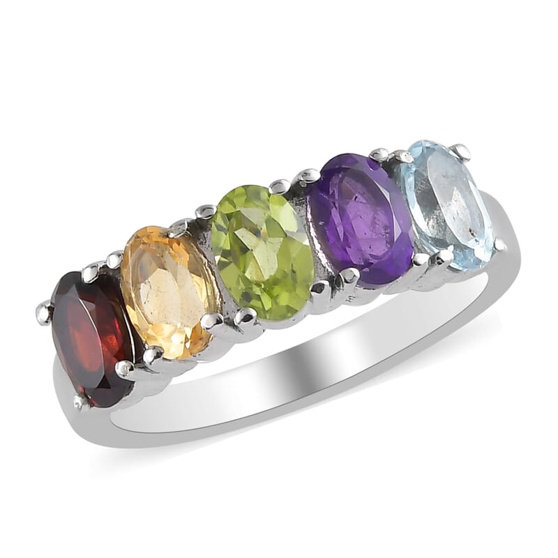 Multi Gemstone 5 Stone Ring in Stainless Steel (Size 7.0) 2.65 ctw