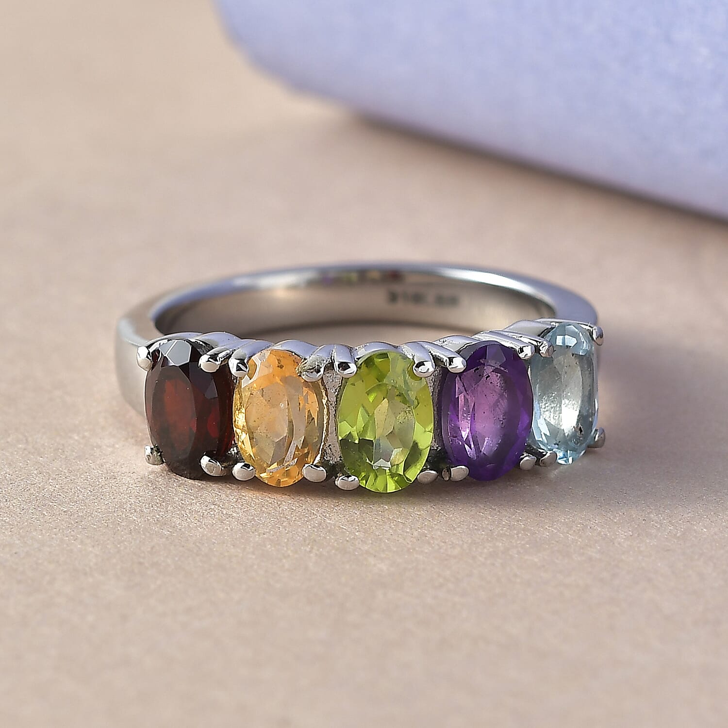 Multi Gemstone 5 Stone Ring in Stainless Steel (Size 7.0) 2.65 ctw