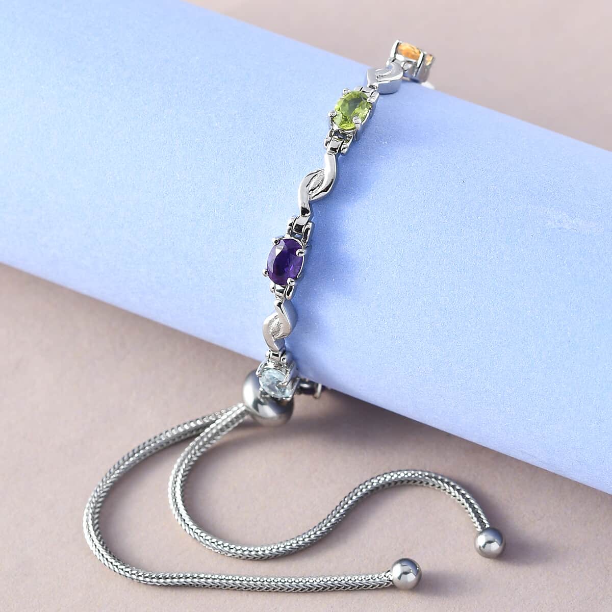 Multi Gemstone Bracelet in Stainless Steel| Adjustable Bolo Bracelet   4.00 ctw image number 1