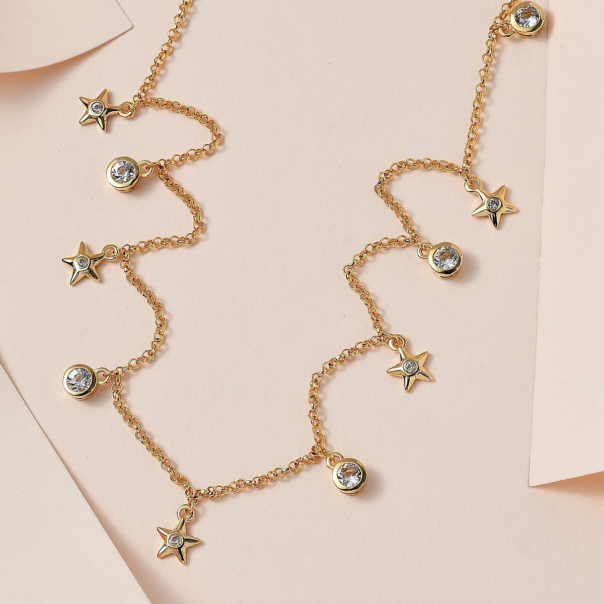 White Topaz Station Stars Charm Necklace (20 Inches) in Vermeil YG Over Sterling Silver 1.90 ctw image number 1