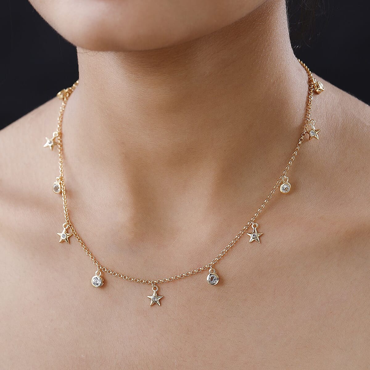 White Topaz Station Stars Charm Necklace (20 Inches) in Vermeil YG Over Sterling Silver 1.90 ctw image number 2