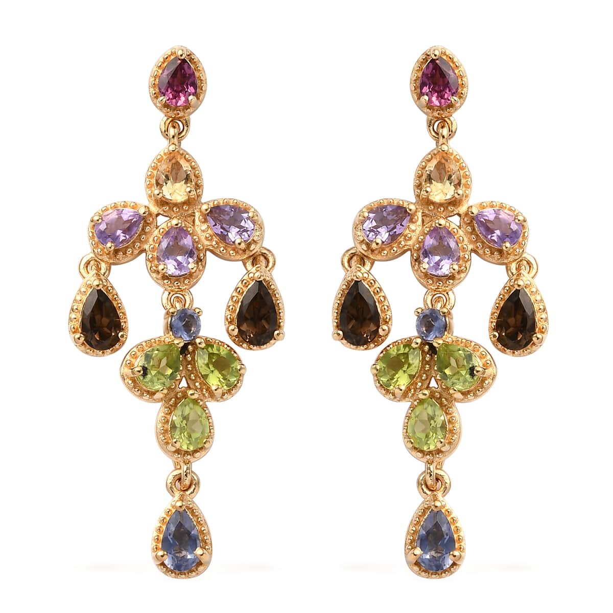 Multi Gemstone Rainbow Floral Chandelier Earrings in Vermeil Yellow Gold Over Sterling Silver 7.50 Grams 4.00 ctw image number 0