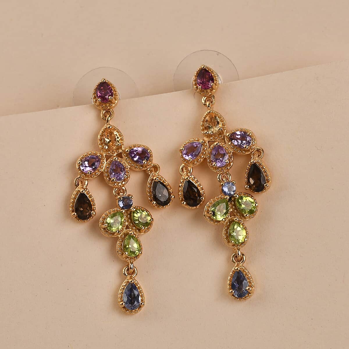Multi Gemstone Rainbow Floral Chandelier Earrings in Vermeil Yellow Gold Over Sterling Silver 7.50 Grams 4.00 ctw image number 1