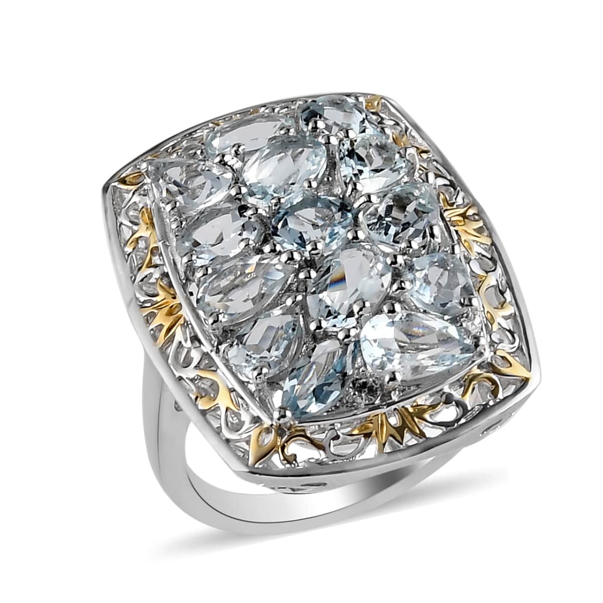 Espirito Santo Aquamarine and Natural White Zircon Cluster Ring in Vermeil Yellow Gold and Platinum Over Sterling Silver (Size 8.0) 4.65 ctw image number 0