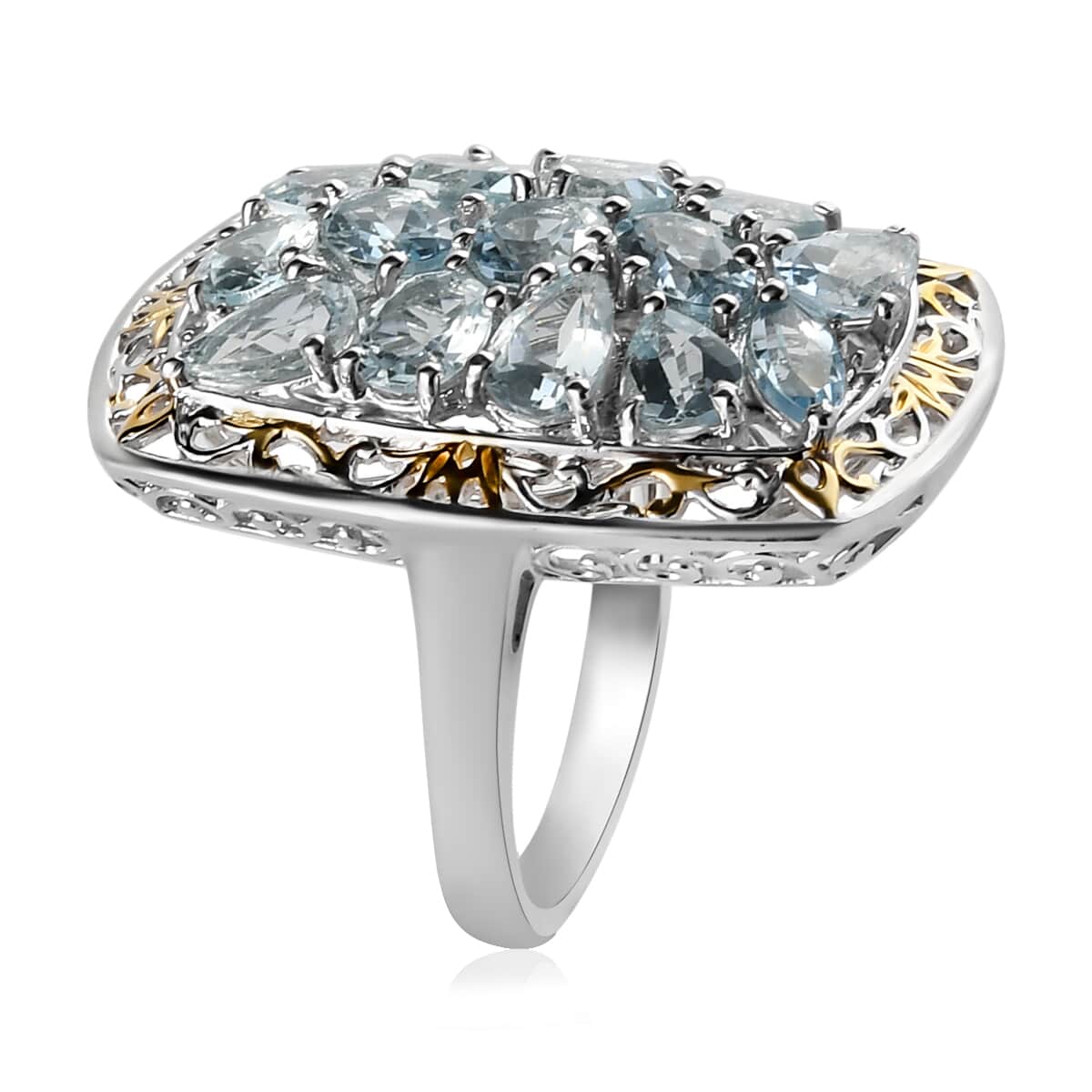 Espirito Santo Aquamarine and Natural White Zircon Cluster Ring in Vermeil Yellow Gold and Platinum Over Sterling Silver (Size 8.0) 4.65 ctw image number 3