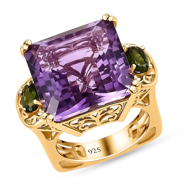 Rose De France Amethyst Ring ,Chrome Diopside Accent Ring , Vermeil Yellow Gold Over Sterling Silver Ring , Three Stone Ring , Fashion Ring 26.75 ctw