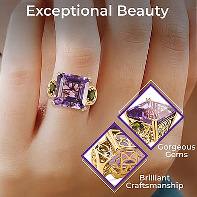 Rose De France Amethyst Ring ,Chrome Diopside Accent Ring , Vermeil Yellow Gold Over Sterling Silver Ring , Three Stone Ring , Fashion Ring 26.75 ctw