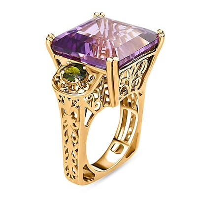 Rose De France Amethyst Ring ,Chrome Diopside Accent Ring , Vermeil Yellow Gold Over Sterling Silver Ring , Three Stone Ring , Fashion Ring 26.75 ctw