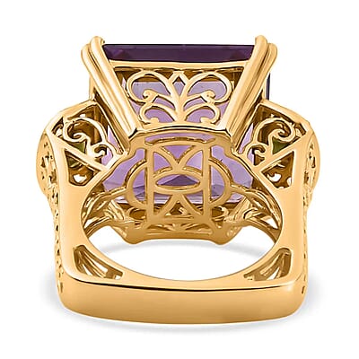 Rose De France Amethyst Ring ,Chrome Diopside Accent Ring , Vermeil Yellow Gold Over Sterling Silver Ring , Three Stone Ring , Fashion Ring 26.75 ctw