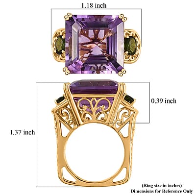Rose De France Amethyst Ring ,Chrome Diopside Accent Ring , Vermeil Yellow Gold Over Sterling Silver Ring , Three Stone Ring , Fashion Ring 26.75 ctw