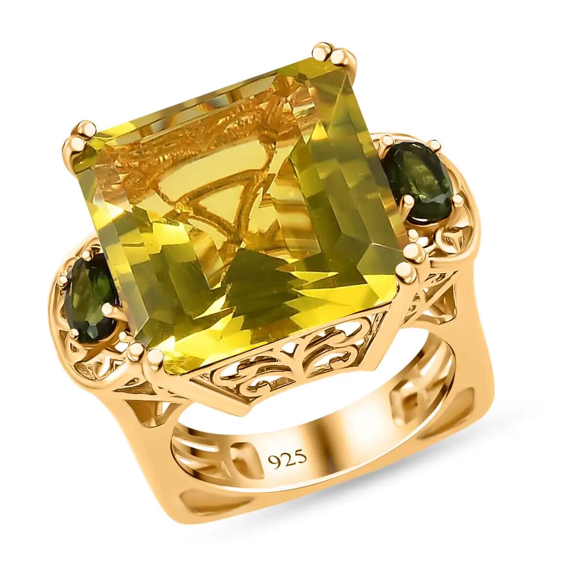 Brazilian Green Gold Quartz Ring, Chrome Diopside Accent Ring, Vermeil Yellow Gold Over Sterling Silver Ring, Three Stone Ring, Fashion Ring 28.25 ctw image number 0